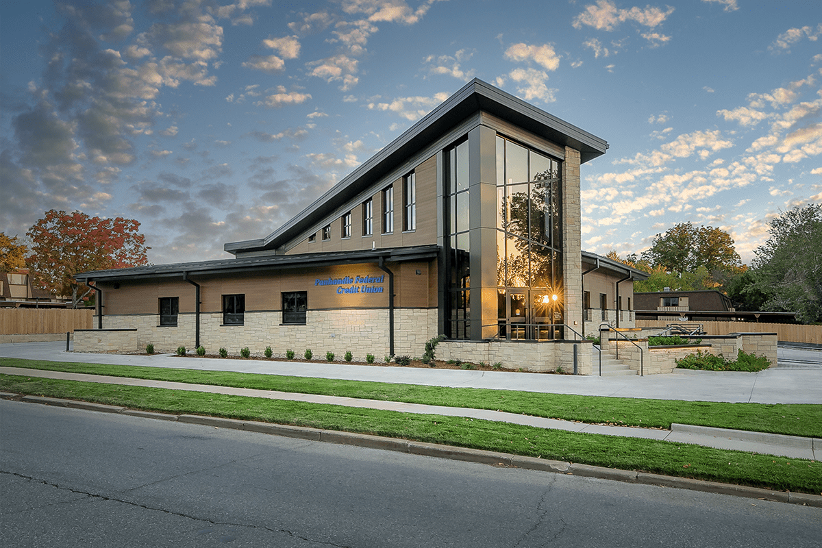 exterior shot of the building at sunset