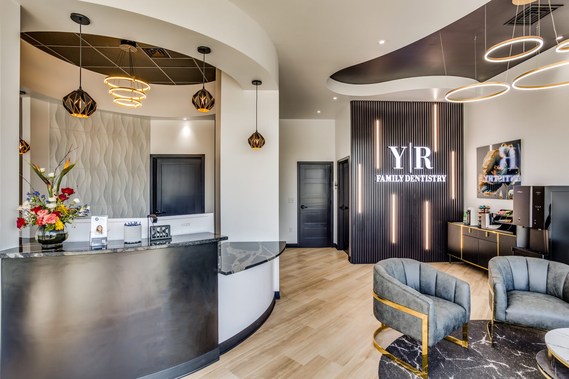 Dentist office reception desk and waiting room